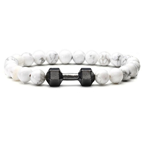 JOVIVI Men, Women 8MM White Turquoise Round Beads Energy Power Dumbbell Stretchable Bracelet