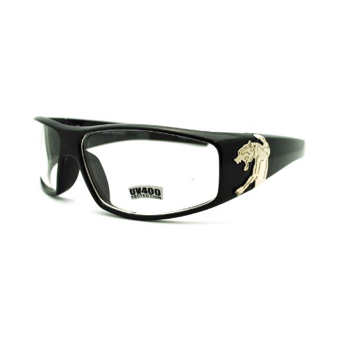 Mens Clear Lens Jaguar Emblem Black Warp Biker Clear Lens Eye Glasses