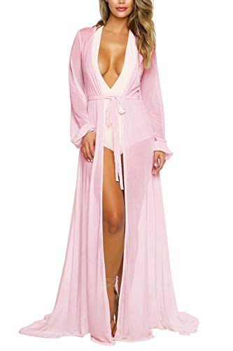 Sovoyontee Women's Sexy Mesh Long Sleeve Swimsuit Swim Beach Cover Up Dress Pink XL