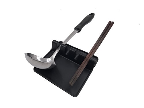 Kitchen Utensil Rest, ICASA, Silicone Heat Resistant Ladle Fork Mat Giant Spoon Rest Ladle Spoon holder (Black) - Thumbnail 2