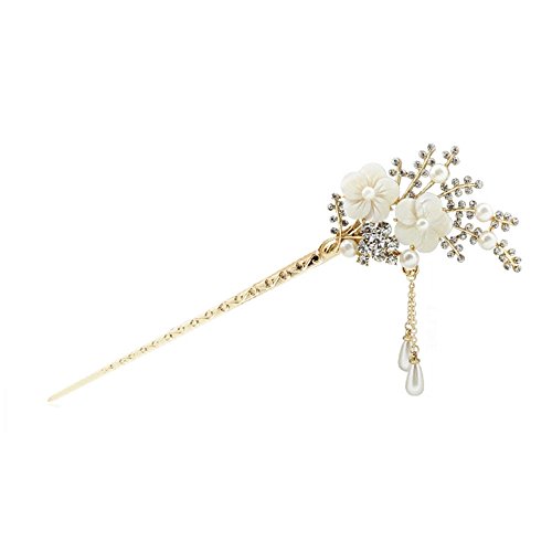 Happy Hours - Crystal Rhinestone Bead Hair Clasp For Women and Teen Girl / Natural Shell Alloy Flower Design Hair Pins Stick With Dangle Tassel Pendant(Style 1)