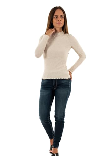 Top de Manga Larga de Cuello Alto para Mujer, Pumice Stone/Detalle: Melange, L