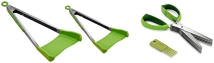 2 in 1 Kitchen Spatula And Tongs. Non Stick, Heat Resistant With Stainless Steel Locking Handle. Dishwasher Safe. 2Pack (1 Large And 1 Small) With FREE Herb Scissors