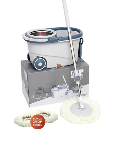 Spin Mop & Bucket Set - 360° Self-Wringing System with Wheels, Stainless Steel Handle - Hands-Free Floor Cleaning for Hardwood, Tile, Laminate - Includes 3 Washable Microfiber Mop Head Refills