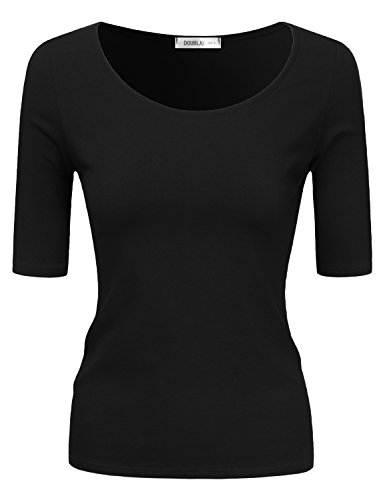 Doublju Cotton Spandex Knit Solid & Striped Round Neck T-Shirt Top (Plus size available) BLACK MEDIUM