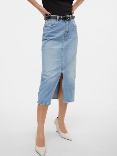 Gonna in Denim Lunghezza al Polpaccio con Spacco 5 Tasche Maxi Skirt, Colore:Azzurro, Taglia:S