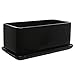 MyGift 10 inch Rectangular Modern Minimalist Glazed Black Ceramic Succulent Planter Pot/Window Box Container with Saucer and Drainage Holes