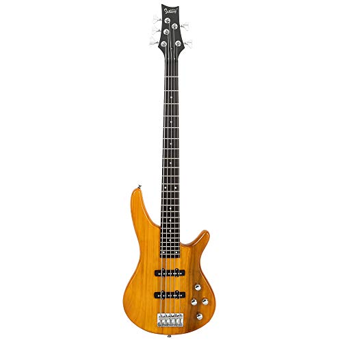 Exquisite Stylish GIB Electric 5 String Bass Guitar Full Size Bag Strap Pick Connector Wrench Tool (Transparent Yellow)
