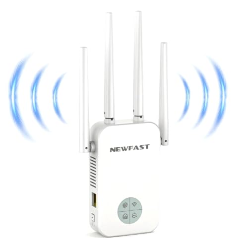 NEWFAST Powerful WiFi Repeater for Home, 1200Mbps WiFi Extender Dual Band | 2.4GHz/5GHz with 4 high gain antennas, Ethernet port, WPS, smart display, supports 3 modes (white)