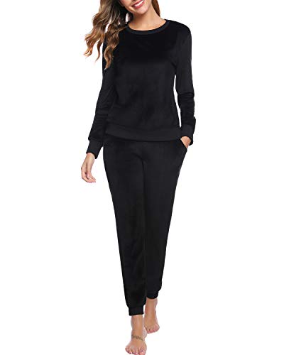 Hawiton Women's Velour Tracksuit 2 Piece Outfits Long Sleeve Sweatshirt and Sweatpants Set Sweatsuit Sportswear Black