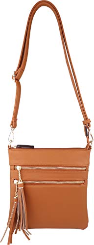 Vegan Mini Multi-Zipper Crossbody Handbag Purse with Tassel Accents with RFID Protection (Tan RF)
