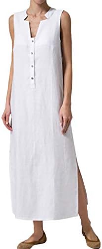 TWIFER Women Summer Sleeveless Button Solid Sundress Casual Linen Tunic Maxi Long Dress Tank Vest Dresses Vintage Loose Dress Tunic Dress