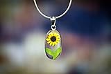 Sterling OVAL Necklace with a Real Natural Pressed Miniature SUNFLOWER (Symbol of Happiness and Light) in a TRANSPARENT Background with a 17.71 inches Sterling Silver Chain - Perfect GIFT -