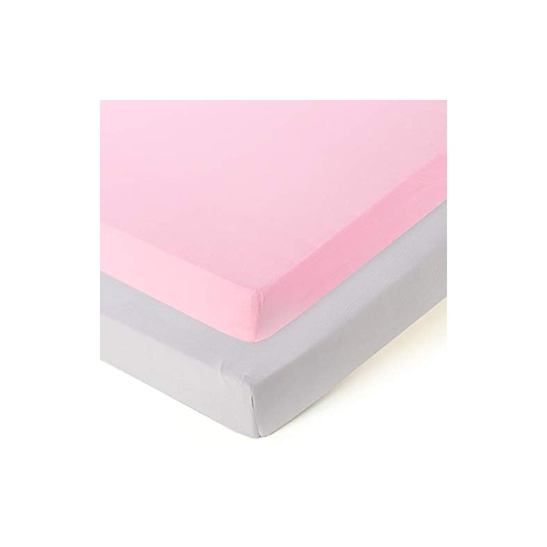 Fitted Playard Sheets 2 Pack Mini Crib Sheet Set,Pack n Play Mattress Cover, Stretchy Ultra Soft,Pink/Grey
