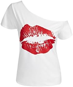 MAGICMK Women’s Short Sleeve Tops Lips Print Causal Offer The Shoulder T-Shirt Tops