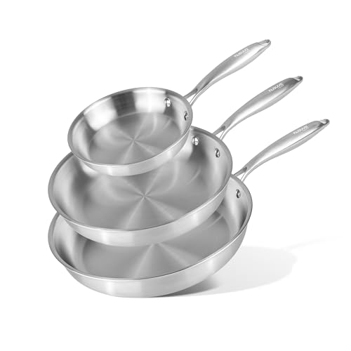 Stainless Steel Frying Pan Set – 3pcs Induction Hob Pan Set – Naturally Non-Stick Tri-Ply Stainless Steel – 18cm, 26cm & 30cm Cooking Pans – by Nuovva