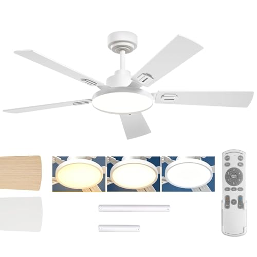 Ventilador de Techo con Luz LED, 52" Abanicos de Techo de 132 cm, Control Remoto, 6 Velocidades, Temporizador 1/4/8H para Recámara, Sala y Estudio, Blanco