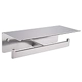 APLusee Double Toilet Paper Holder with Shelf Brushed Nickel, Modern Bathroom Accessories SUS 304 Stainless Steel Commercial Tissue Roll Dispenser Mobile Phone Storage Rack Handy Use