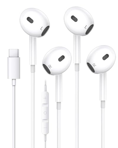 USB C Earphone (2 Pack), USB Type C Earbuds for iPhone 17 Stereo HiFi Noise Cancelling Headphones Compatible with iPhone 17 Pro, iPad Pro, Galaxy S23/S22/S21/S20/Ultra, Note 10/20, Pixel 7/6 - White