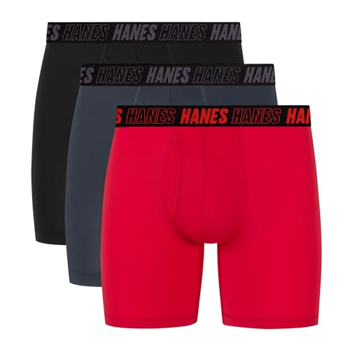 Hanes Herren Moves Performance Boxershorts, Gesamtstütztasche, Regulär, Trunk und Langes Bein, 3er-Pack Retroshorts, Schwarz/Grau/Rot, XX-Large