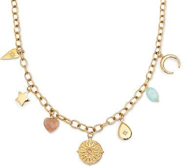 - Collier Multicharms Soleil. Acier avec Finition Plaqué Or 18Kt. Chaîne à Maillons avec Charms Suspendus. Détails en Pierres Naturelles et Zirconiums. Bijoux pour Femme
