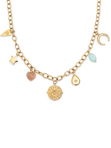- Collar Multicharms Soleil. Acero con Acabado en Baño de Oro de 18kt. Cadena de Eslabones con Charms Colganes. Detalles en Piedras Naturales y Circonitas. Joyas para Mujer