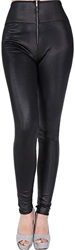 Qullyo Sexy Lady's High Waist Faux Leather Leggings ,Front Zipper Trousers Black