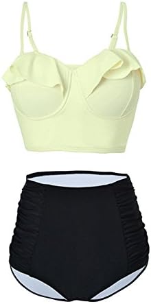 GUMOO Vintage High Waist Floral Women's Bikini Set Strappy Push Up Bathing Suit (L, White/Top)