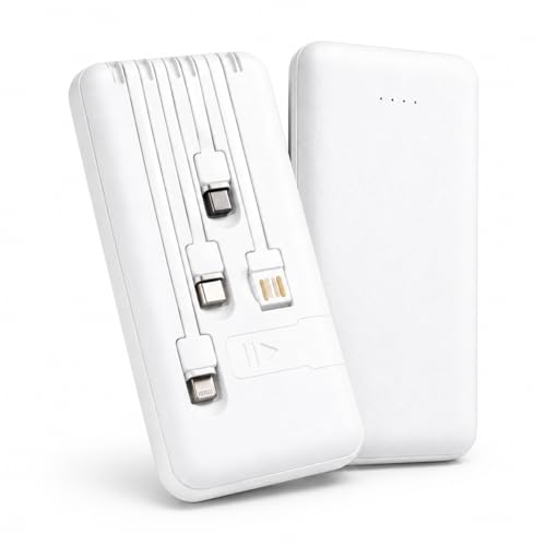 Power Bank Carregador Portátil Universal 10000mAh com Cabos Integrados USB-A, USB-C (Type-C), Micro-USB e USB-Light Carregamento Rápido Bateria Externa Compacta para Celular Android iOS(Branco)