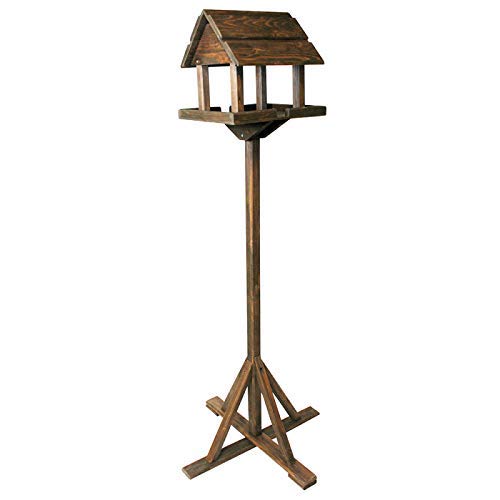 HomeZone Dark Wood Stained Wooden Bird Table Birdhouse Garden Feeding