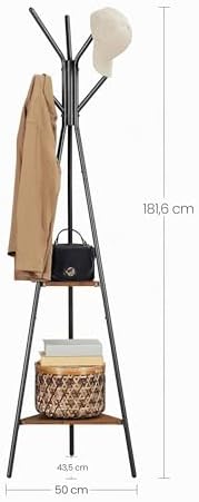 Cabide, cabide, cabide, chapéu e cabide, estilo industrial, com 2 prateleiras, para roupa, chapéus, saco, castanho rústico e preto RCR16BXV1