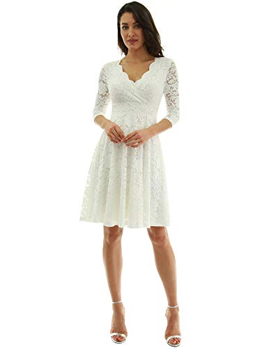 PattyBoutik Women 3/4 Sleeve Lace Overlay Fit and Flare Dress (Ivory Large)