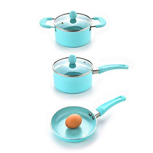 Caannasweis 3 Piece Cookware Set, 5.5" Nonstick Frying Pan, sauce pan and soup pan with glass lid set (Light Blue)