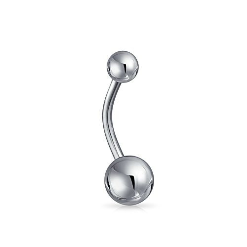 Plain Polished Finish Bar and Round Ball Style Navel Belly Ring Silver Tone Surgical Steel 14G