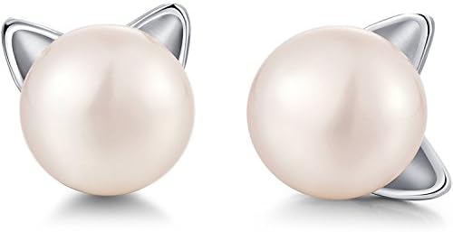 MoonCat Cat Ear Stud Earrings Pearl Stud Earring Ear Studs (Silver)