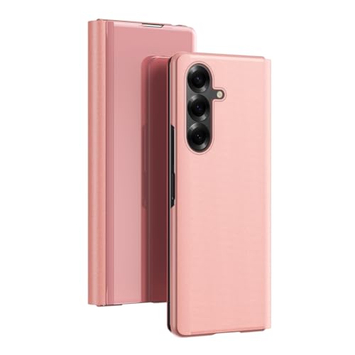 Étui de protection pour Samsung Galaxy Z Fold 7 - En cuir miroir - Clear View - Rabat Z Fold7 - Avec support à 360° - Résistant aux chocs et aux rayures - Or rose