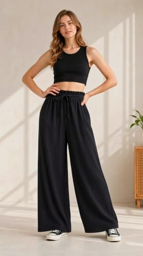 UDILEO B61 Women's Summer Wide Leg Palazzo Trousers High Waist with Elastic Lightweight Soft and Breathable