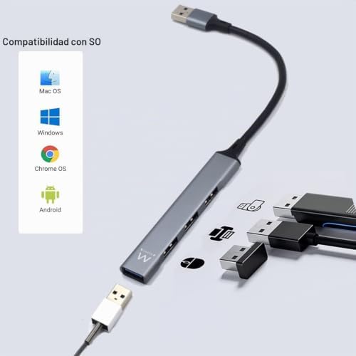 EW1144 USB A Hub, 4 Port Ultra Slim Data Hub, Hub con 3 USB A 2.0, 1 USB A 3.2 Port, Slim Type A Hub for Macbook Pro/Air, Laptop, PS5/PS4 and Mac OS, Windows, Android Systems, Aluminium