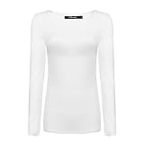 OThread Women's Plain Basic Spandex Long Sleeves T-Shirt Scoop Neck Tee (Small, White)