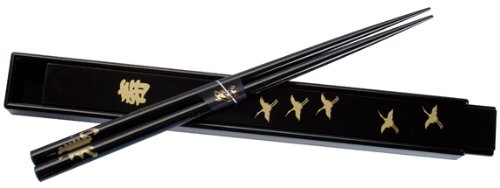 Happy Sales HSKS1/B, Japanese Black Chopsticks Set with Case - Crane Design Black - //coolthings.us