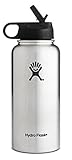 Hydro Flask Vacuum Insulated Stainless Steel Water Bottle Wide Mouth with Straw Lid (Stainless, 40-Ounce)