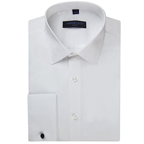 Andrew Fezza Men's Slim Fit French Cuff Solid Cotton Dress Shirt - White - 18 4-5