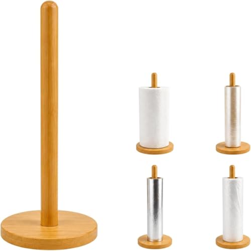 Porta Papel Toalha de Bambu Natural 29 cm Vertical para Cozinha Suporte para Rolo de Papel Toalha Papel Alumínio e Filme PVC Resistente e Multiuso