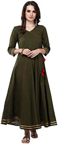 Women Cotton Plain Olive Green Anarkali Kurta