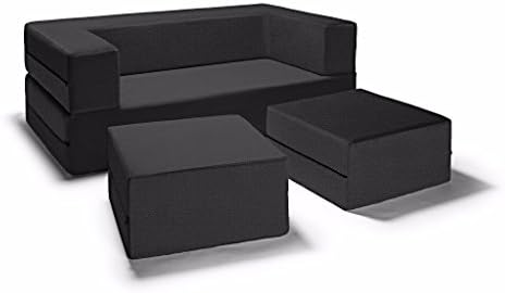 Sleeper Loveseat With Ottomans And Mattress Liner From Polyurethane Foam Turns In Queen Size Mattress plus FREE GIFT (Black)