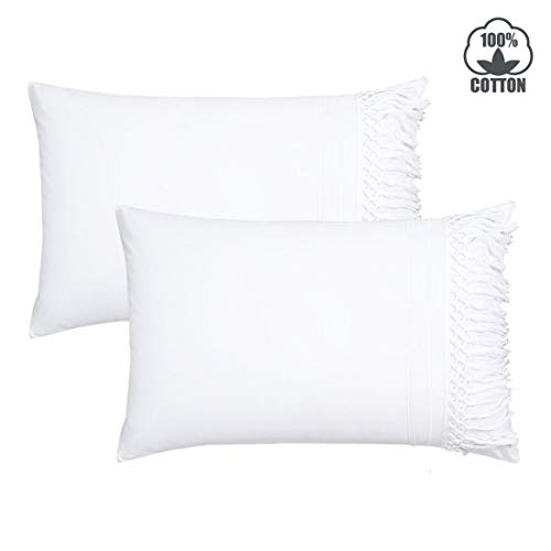 YINFUNG Boho Pillow Shams Standard White Tassel Pillowcase Macrame Set of 2 Fringe Crochet Decorative Tufted Cute Elegant Pretty 100% Cotton Romantic 20x26 Pillow Cover - Thumbnail 7