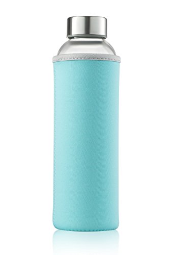 Sagler glass bottles 6 Pack 18oz - Includes 6 Sleeves (COLORS MAY VARY) - glass drinking bottles for Beverage and Juice - water bottle glass with stainless Steel Caps with - Leak-Proof Lid
