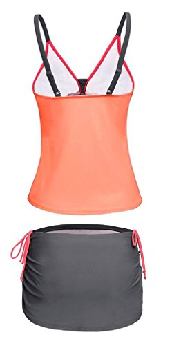Women's Summer V-Neck Tankini Two-Piece Skirtini Swimsuits Swimwear Bikini Set Pink Orange Coral XL