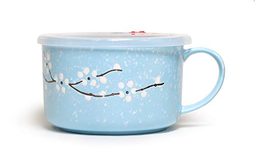 Microwavable Ceramic Noodle Bowl with Handle and Seal Fine Porcelain Sakura Snow Flake Floral Design (SkyBlue)