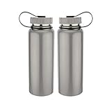 Simply Simily Stainless Steel Water Bottle Wide Mouth with Plastic Lid 34 Oz - Silver (Set of 2)